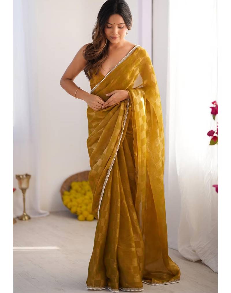 mustard chiffon designer saree with box pattern and moti lace border