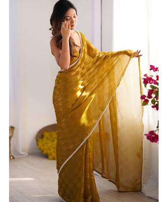 mustard chiffon designer saree with box pattern and moti lace border 2