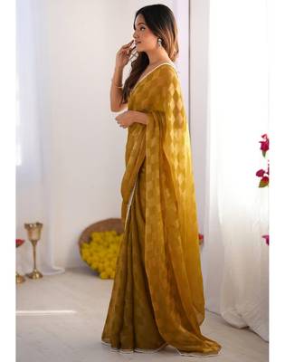 mustard chiffon designer saree with box pattern and moti lace border 3