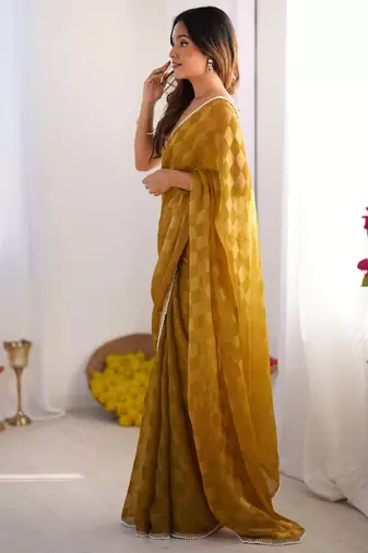 mustard chiffon designer saree with box pattern and moti lace border