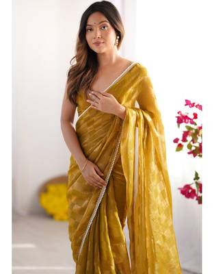 mustard chiffon designer saree with box pattern and moti lace border 4
