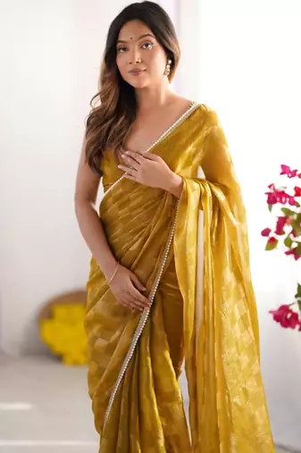 mustard chiffon designer saree with box pattern and moti lace border