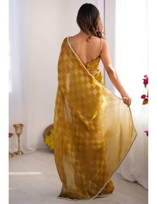mustard chiffon designer saree with box pattern and moti lace border 5