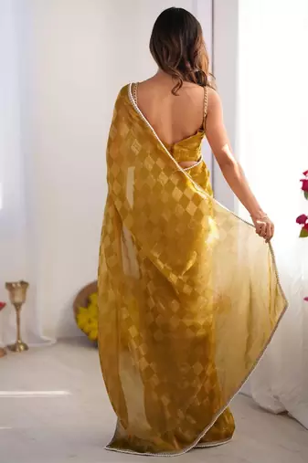 mustard chiffon designer saree with box pattern and moti lace border