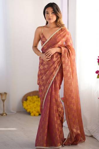 brown chiffon designer saree with box pattern and moti lace border