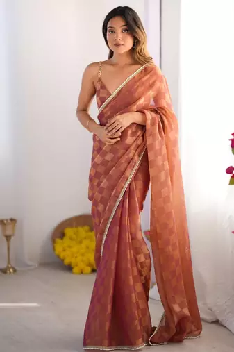 Women's brown box chiffon moti lace border designer saree with blouse