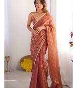 brown chiffon designer saree with box pattern and moti lace border