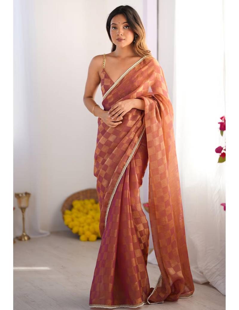 brown chiffon designer saree with box pattern and moti lace border