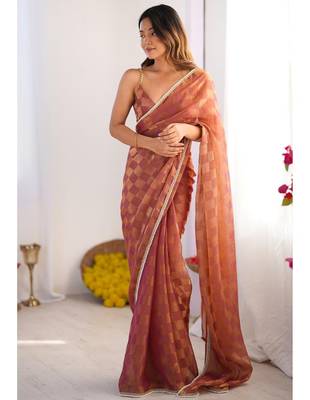 brown chiffon designer saree with box pattern and moti lace border 2