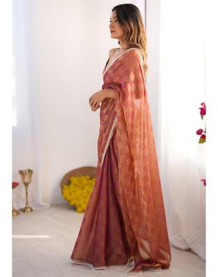 brown chiffon designer saree with box pattern and moti lace border 3