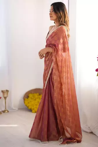 brown chiffon designer saree with box pattern and moti lace border