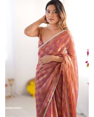 brown chiffon designer saree with box pattern and moti lace border 4