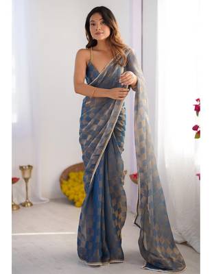blue chiffon designer saree with box pattern and moti lace border 1