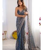 blue chiffon designer saree with box pattern and moti lace border