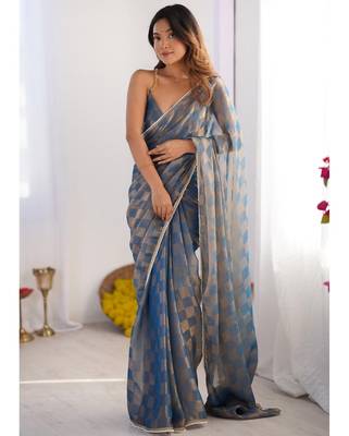blue chiffon designer saree with box pattern and moti lace border 2