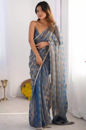 blue chiffon designer saree with box pattern and moti lace border