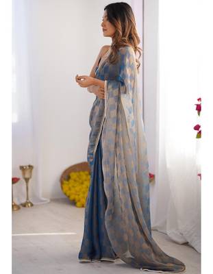 blue chiffon designer saree with box pattern and moti lace border 3