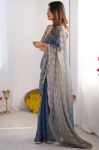 blue chiffon designer saree with box pattern and moti lace border