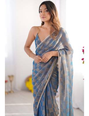 blue chiffon designer saree with box pattern and moti lace border 4