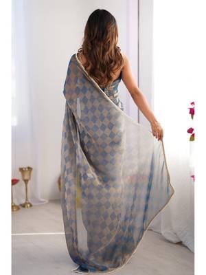 blue chiffon designer saree with box pattern and moti lace border 5