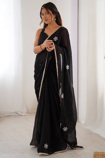 black fendy embroidered soft designer saree for women