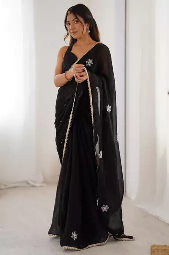 Women's black soft fendy embroidered designer saree with blouse
