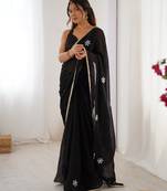 black fendy embroidered soft designer saree for women