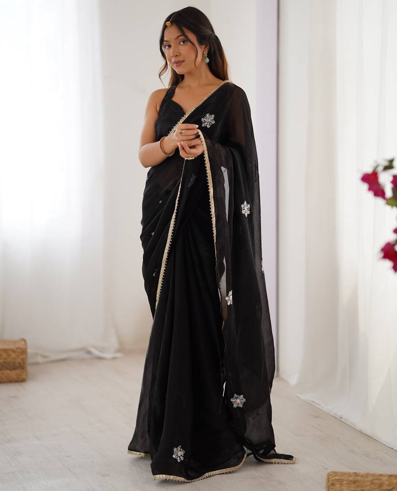 black fendy embroidered soft designer saree for women
