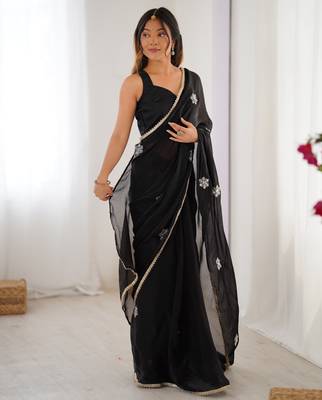black fendy embroidered soft designer saree for women 2