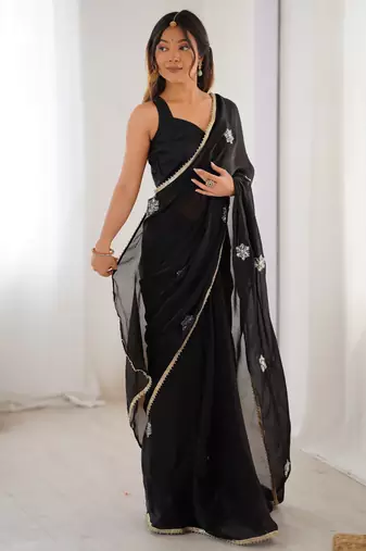 black fendy embroidered soft designer saree for women