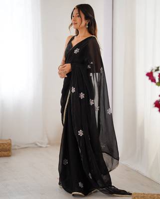 black fendy embroidered soft designer saree for women 3