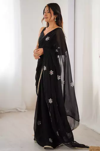 black fendy embroidered soft designer saree for women