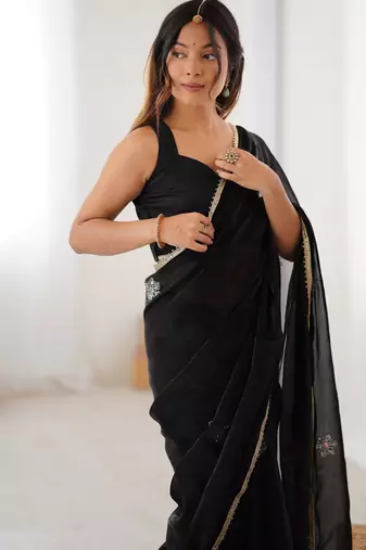 black fendy embroidered soft designer saree for women
