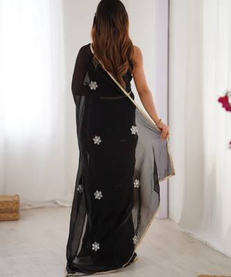 black fendy embroidered soft designer saree for women 5