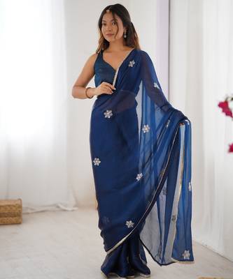 Women's navy blue soft fendy embroidered designer saree with blouse 1