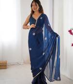 Women's navy blue soft fendy embroidered designer saree with blouse