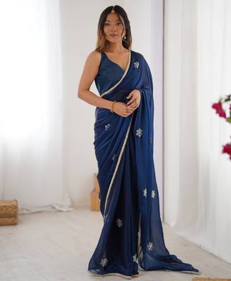 Women's navy blue soft fendy embroidered designer saree with blouse 2