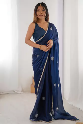 Women's navy blue soft fendy embroidered designer saree with blouse