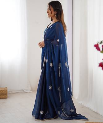 Women's navy blue soft fendy embroidered designer saree with blouse 3