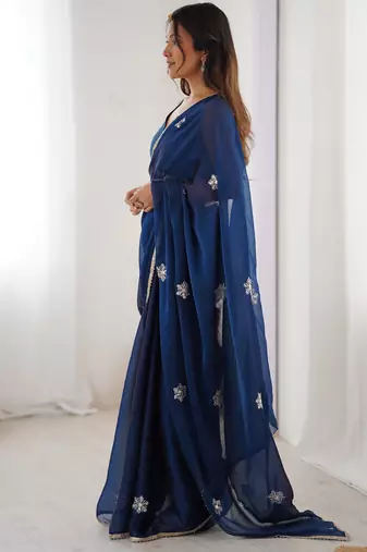 Women's navy blue soft fendy embroidered designer saree with blouse