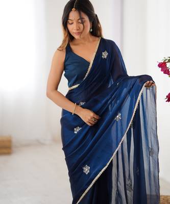 Women's navy blue soft fendy embroidered designer saree with blouse 4