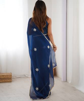 Women's navy blue soft fendy embroidered designer saree with blouse 5