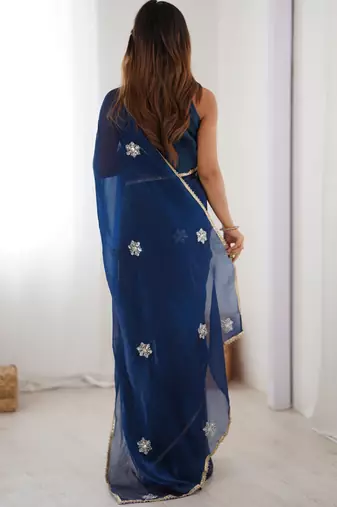 Women's navy blue soft fendy embroidered designer saree with blouse