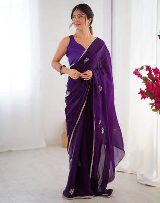 Women's purple soft fendy embroidered designer saree with blouse 1