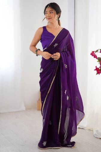 Women's purple soft fendy embroidered designer saree with blouse