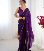Women's purple soft fendy embroidered designer saree with blouse