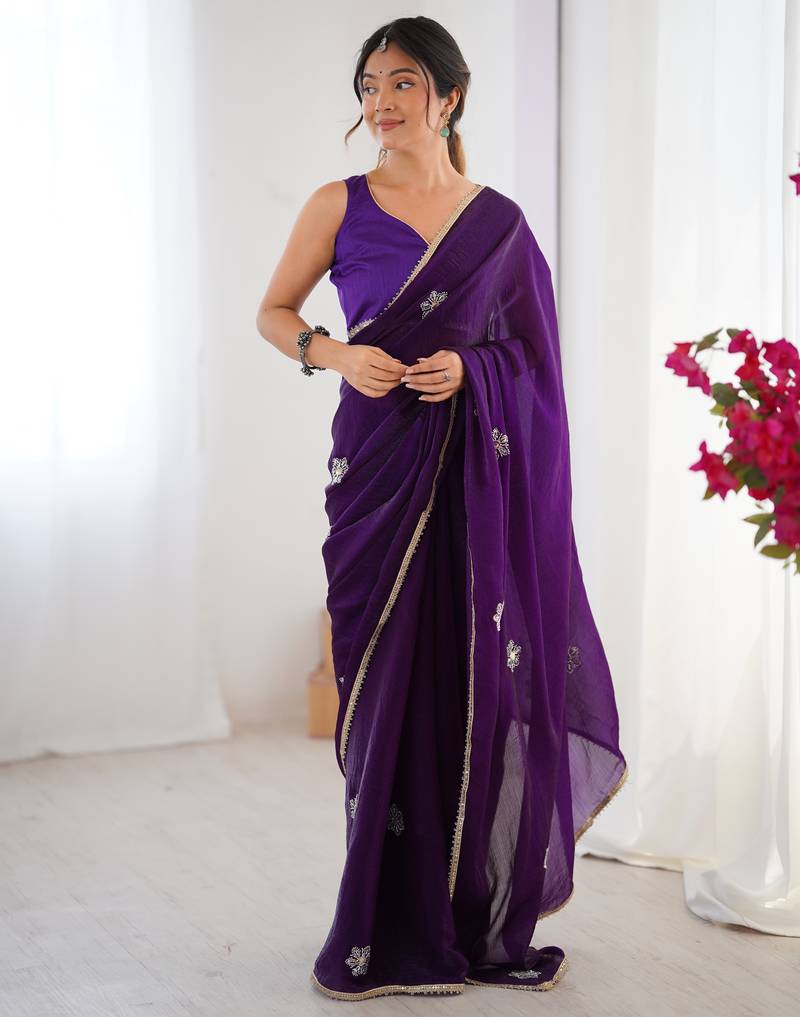 Women's purple soft fendy embroidered designer saree with blouse