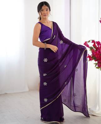Women's purple soft fendy embroidered designer saree with blouse 2