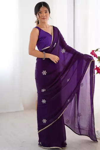 Women's purple soft fendy embroidered designer saree with blouse
