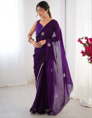 Women's purple soft fendy embroidered designer saree with blouse 3